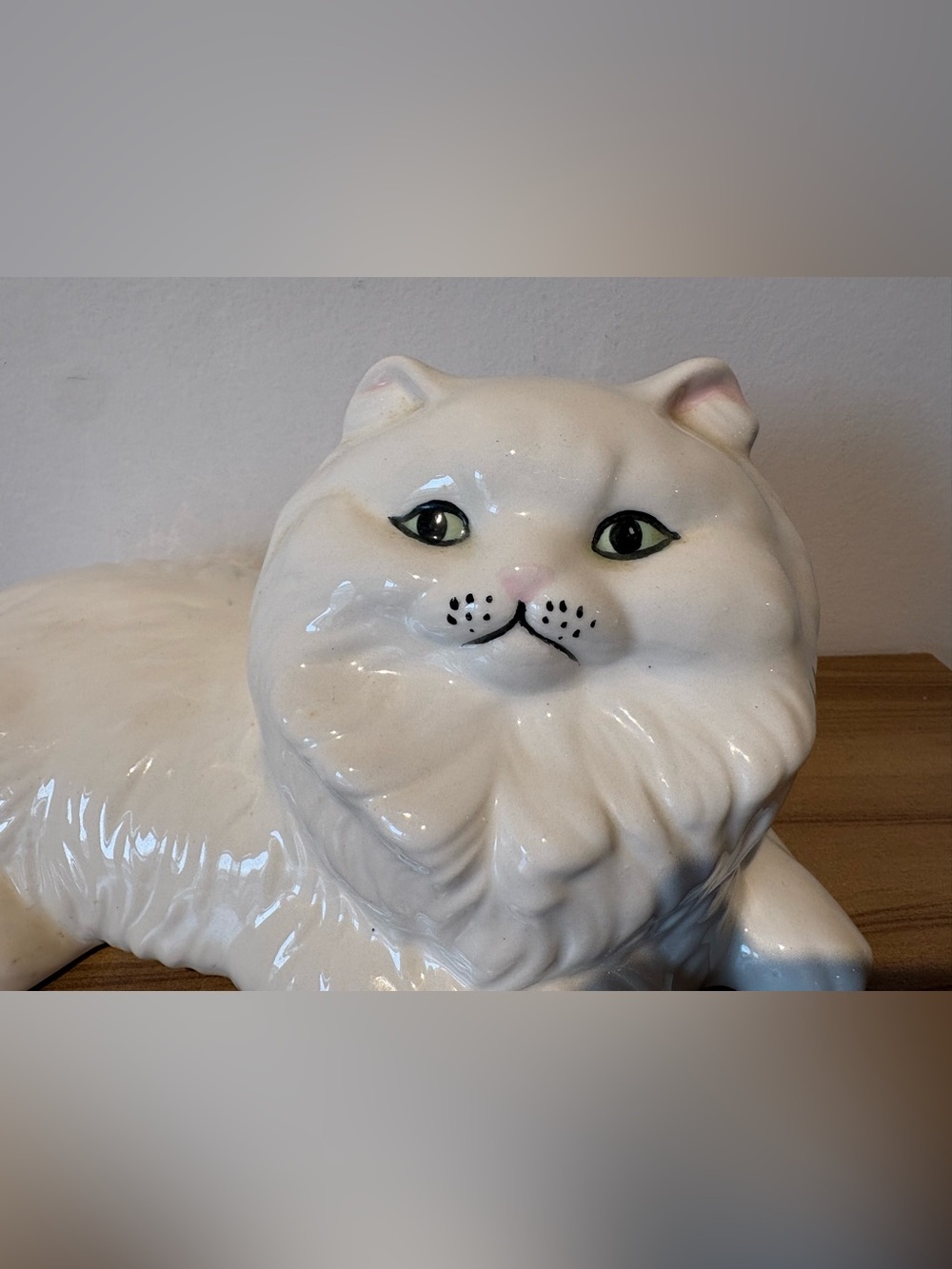 Ceramic Cat Figurine in White with Green-Eyed Detail